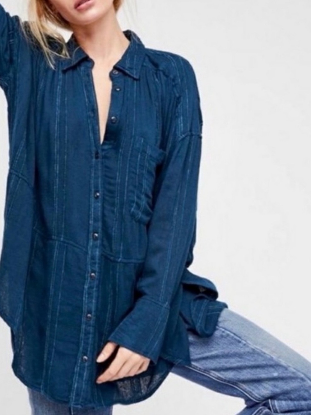 Free People Indigo Button-Down Shirt - Relaxed Long Sleeve